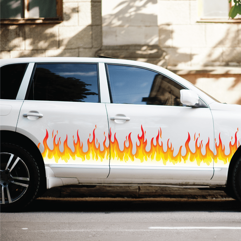 Flame-pattern vinyl car decal: red and yellow flames on a horizontal strip