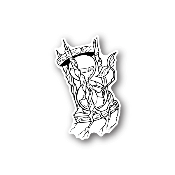 Vinyl sticker with white line-art hourglass illustration