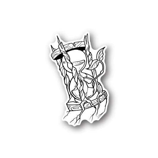 Vinyl sticker with white line-art hourglass illustration