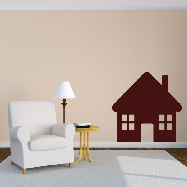 Maroon house silhouette vinyl wall decal with front door and four window panes