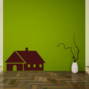 Burgundy house wall decal with roof and window shapes, plus hanging cord and potted plant