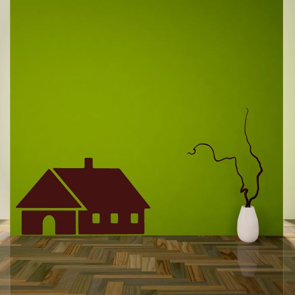 Burgundy house wall decal with roof and window shapes, plus hanging cord and potted plant