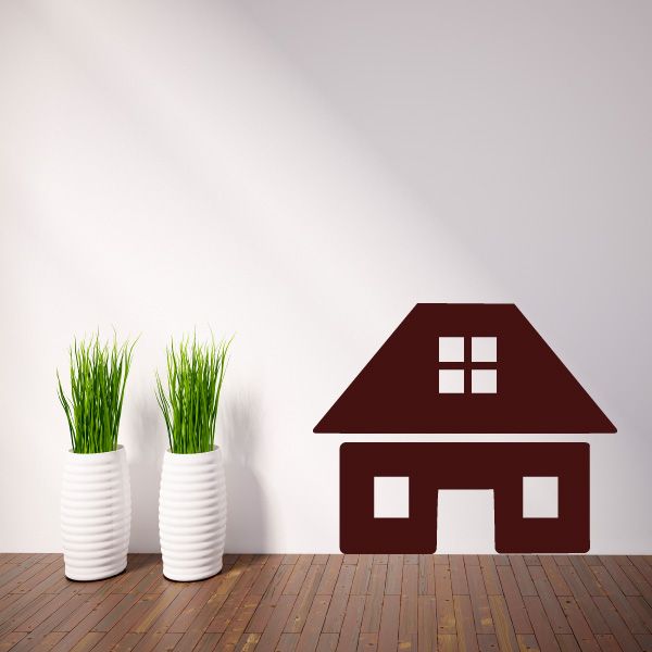 Maroon vinyl house wall decal with two windows and front door
