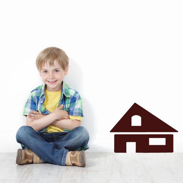 House wall decal with dark red roof and white door and window panels