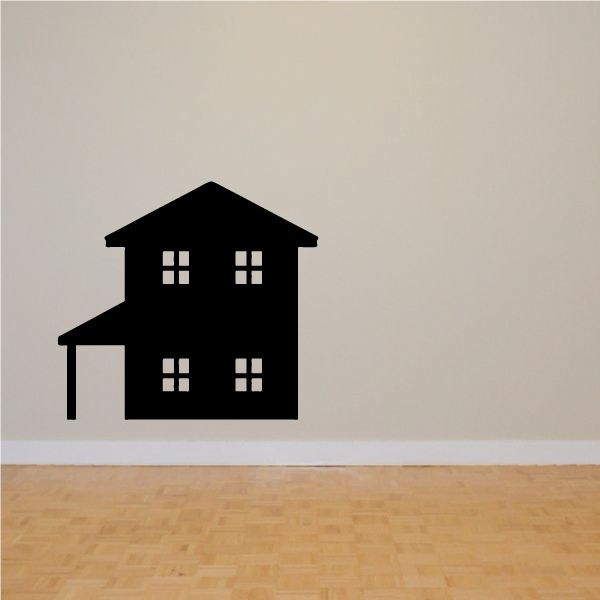 Black house wall decal with four windows and chimney