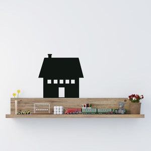 Black house with big roof wall decal with shelf items and small flowers