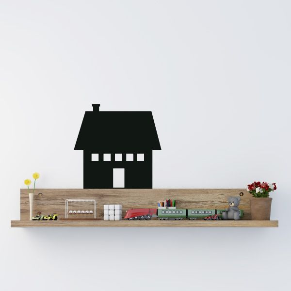 Black house with big roof wall decal with shelf items and small flowers