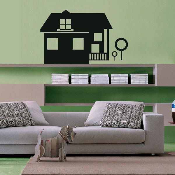 House with porch wall decal with trees and yard fence, black and gray vinyl