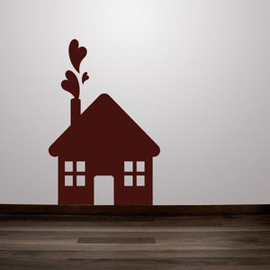 House wall decal with chimney smoke, dark red with white windows and arched door