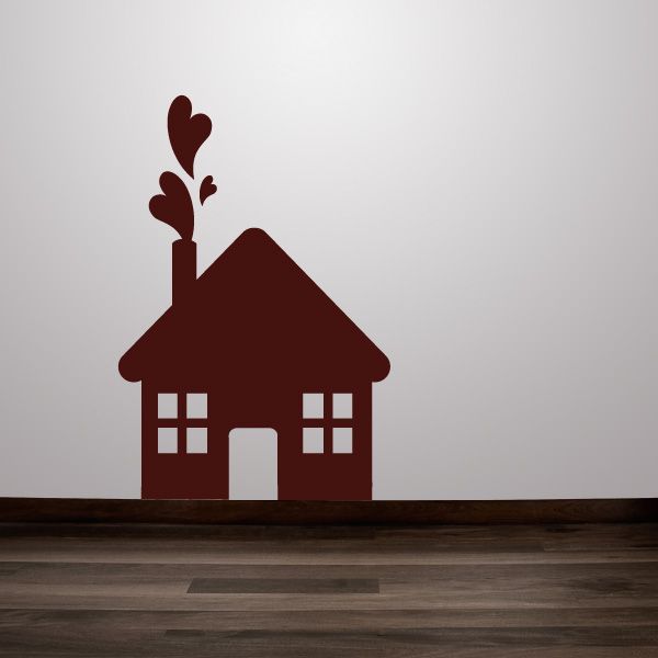 House wall decal with chimney smoke, dark red with white windows and arched door