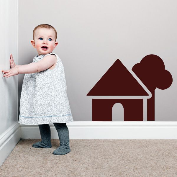 House and tree wall decal in dark red with outlined roof and chimney