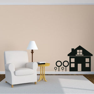 House and trees wall decal, dark house with white windows and fence accents