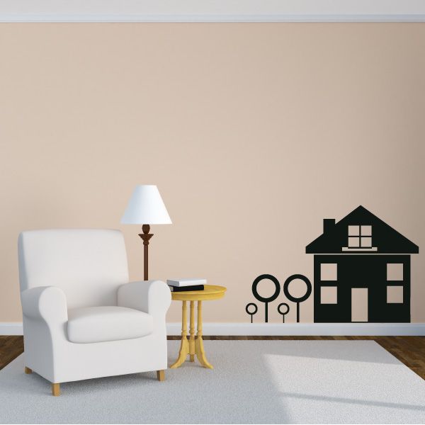 House and trees wall decal, dark house with white windows and fence accents