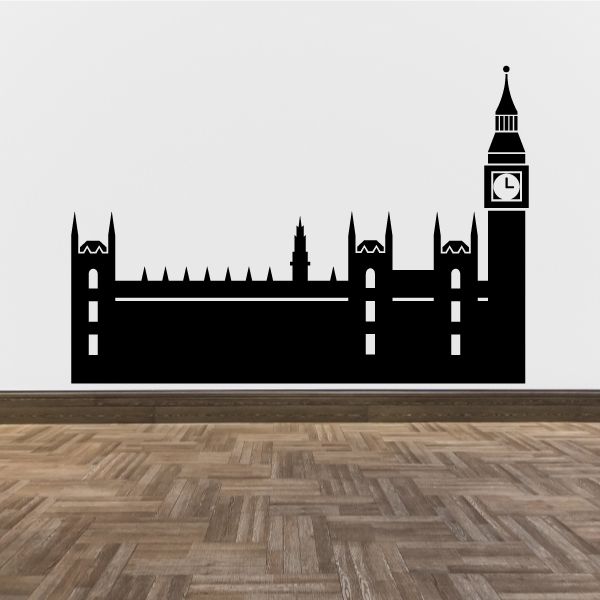 Black Houses of Parliament landmark decal silhouette with clock tower and gates