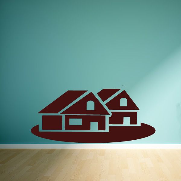 Brown vinyl wall decal of two houses on a cul-de-sac with circular ground