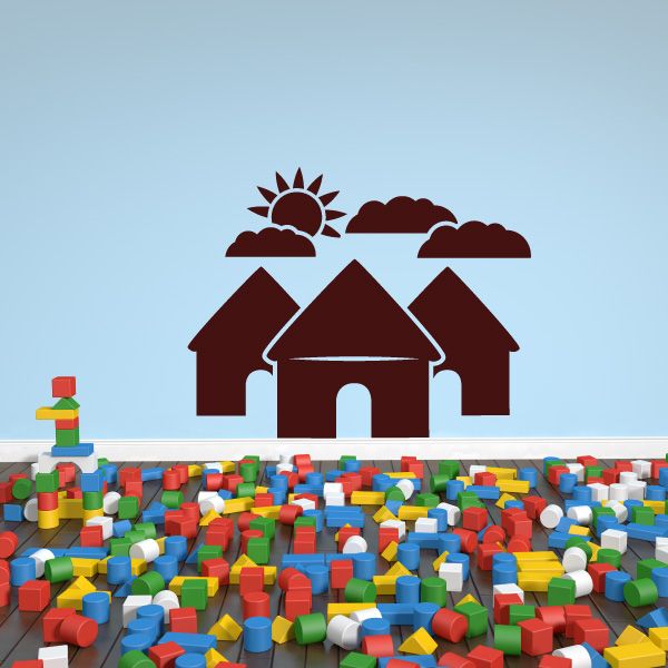 Red house vinyl wall decal with clouds and sun, three-roof design.