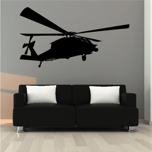 Apache helicopter wall decal, black silhouette with rotors and landing gear.