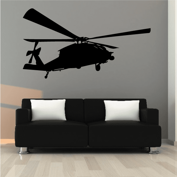 Apache helicopter wall decal, black silhouette with rotors and landing gear.
