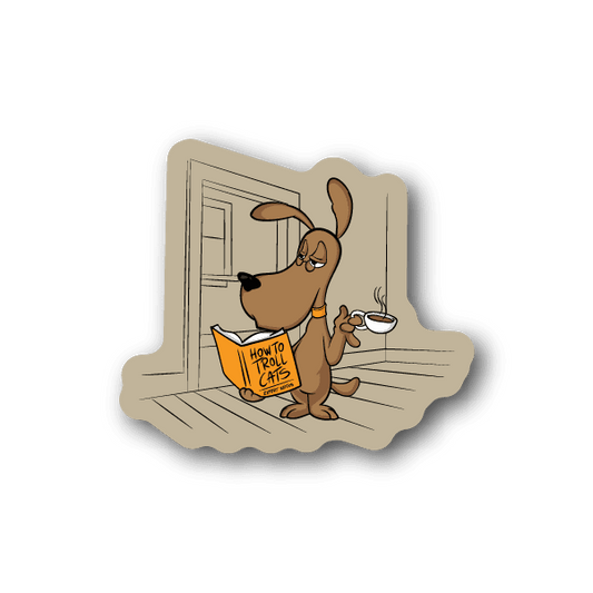 Vinyl sticker of cartoon cat reading an orange book, detailed line art.