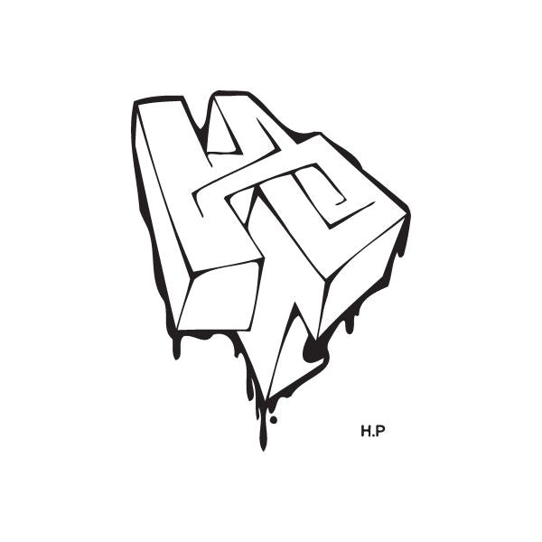 Graffiti decal with white block letters, black outlines, and dripping ink; HP mark