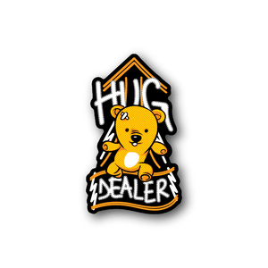 Vinyl sticker with orange bear and bold “HUG” and “DEALER” text