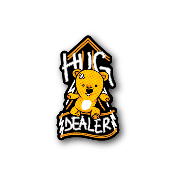 Vinyl sticker with orange bear and bold “HUG” and “DEALER” text