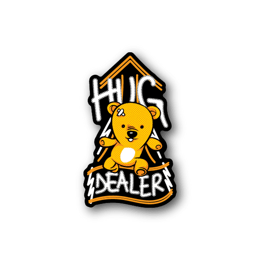 Vinyl sticker with orange bear and bold “HUG” and “DEALER” text