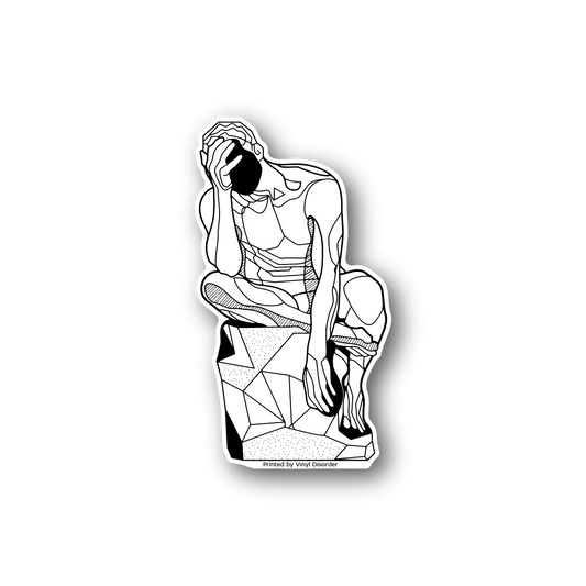 Vinyl sticker with monochrome woman holding her face, geometric line art outline