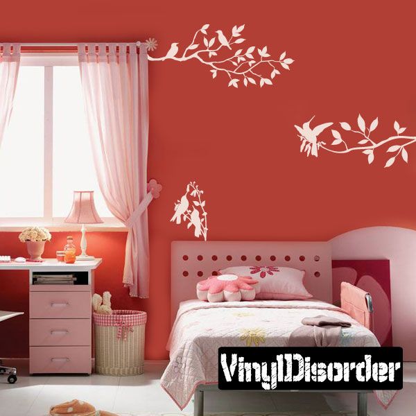 White hummingbird and tree branch wall decal with leaves