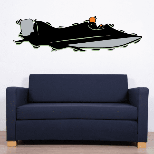 Black hydroplane printed decal with orange captain figure