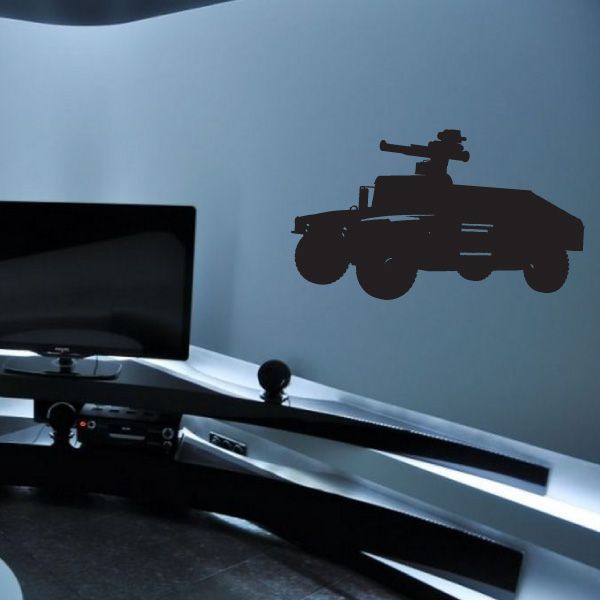 Black military vehicle silhouette decal with wheels and turret detail