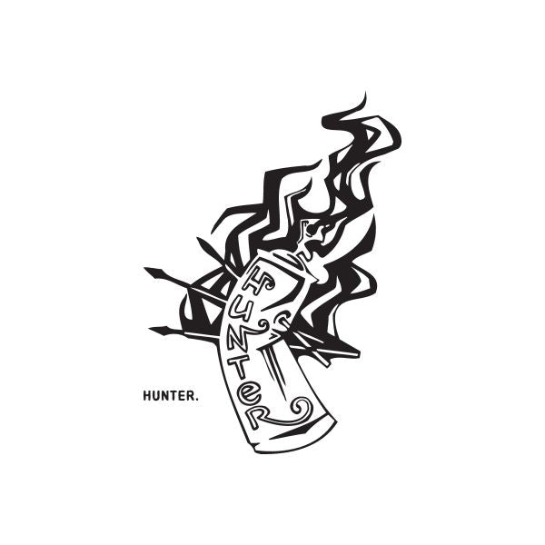 Hunter spray paint can decal sticker with black-and-white hunter illustration and “HUNTER.”