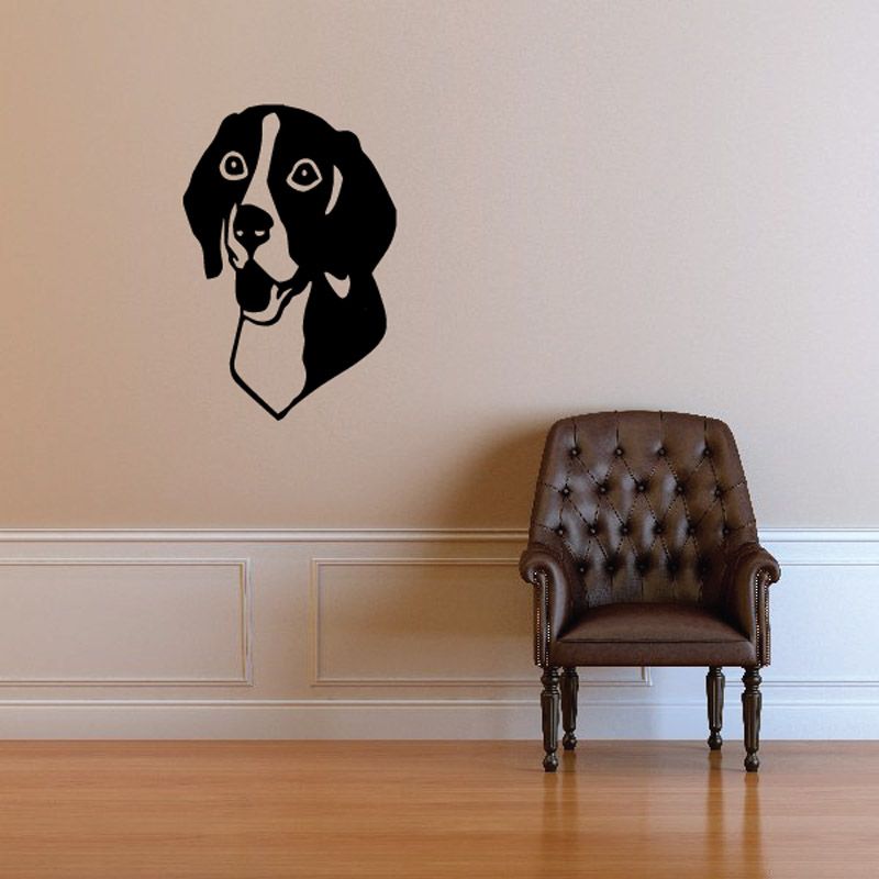 Hunting dog puppy decal, black dog head with white muzzle and outlined ears