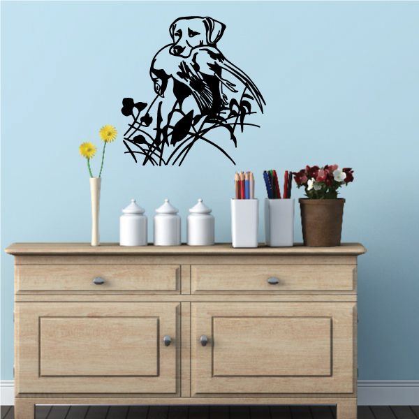 Black wall decal of a hunting dog with a pheasant perched on a branch