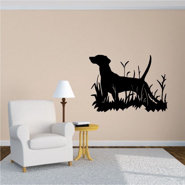 Hunting dog wall decal, black silhouette of dog in grass with tall blades