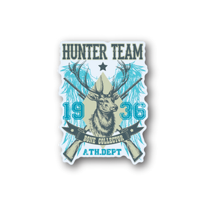 Hunting team vinyl sticker with deer and rifles, blue graphics