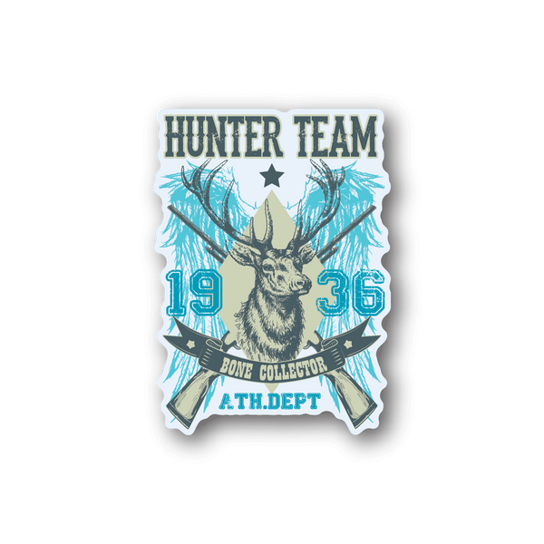 Hunting team vinyl sticker with deer and rifles, blue graphics