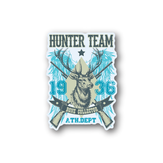 Hunting team vinyl sticker with deer and rifles, blue graphics