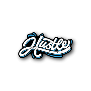 Vinyl sticker with blue and white "Hustle" script lettering