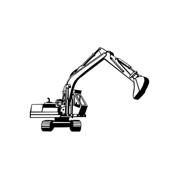 Hydraulic excavator decal with black line-art excavator silhouette
