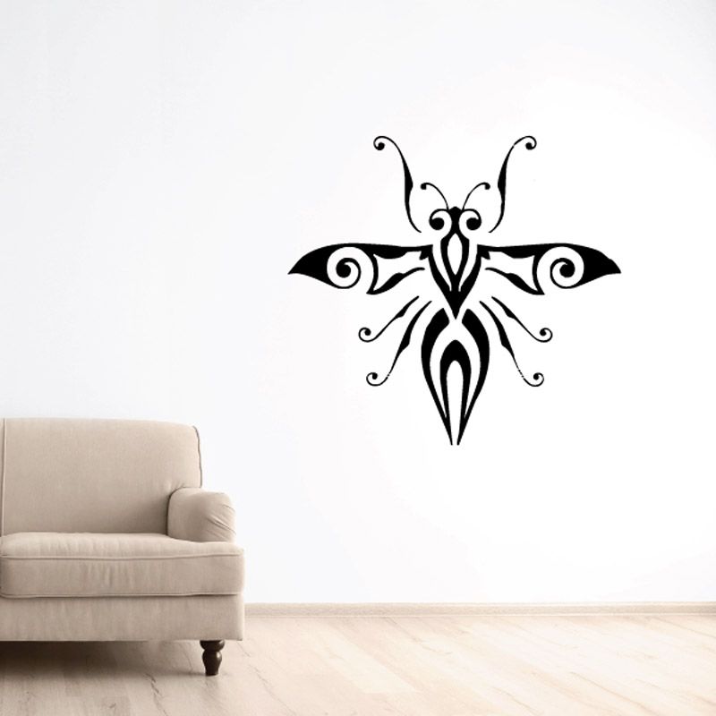 Winged bug wall decal, black ornate design with long antennae and wings