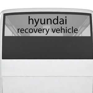 Hyundai recovery vehicle decal, black and white rectangular with hyundai text