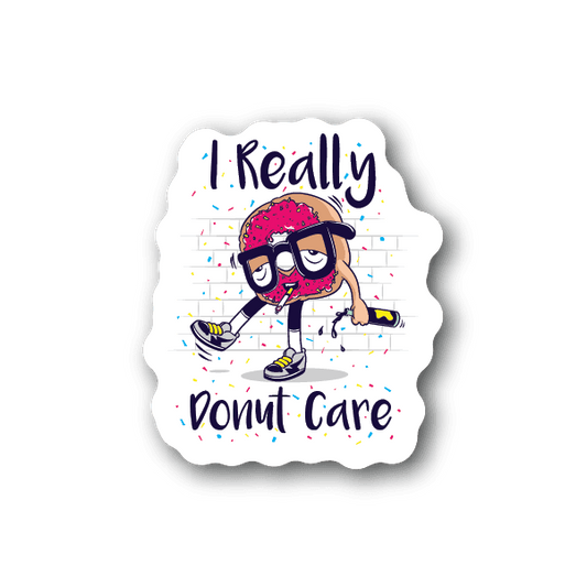Vinyl sticker with illustrated person wearing glasses and hat, 'I Really Don't Care' text