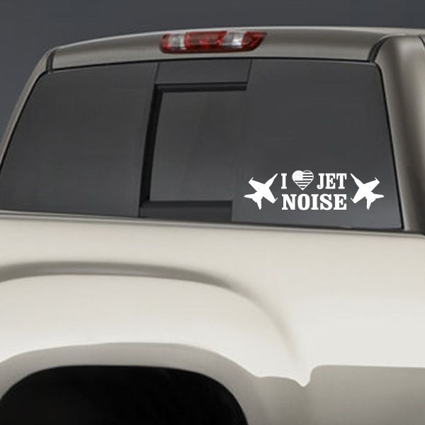 Car rear window decal: heart with 'JET NOISE' text and jet icons