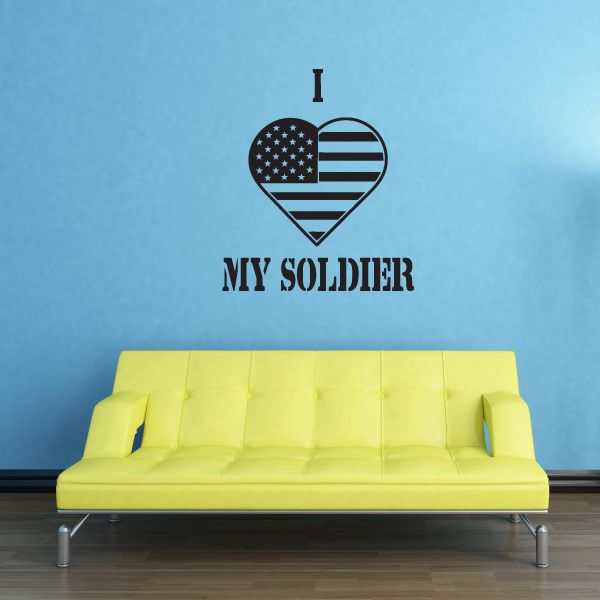 U.S. flag heart vinyl wall decal with text “I MY SOLDIER”