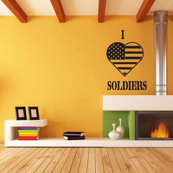 Soldier-themed heart wall decal with U.S. flag and 'SOLDIERS' text