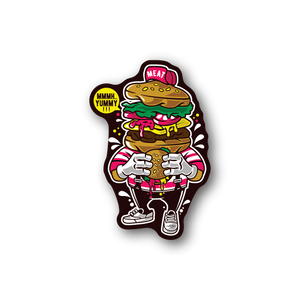 Vinyl sticker of cartoon burger character with pink hat and white gloves