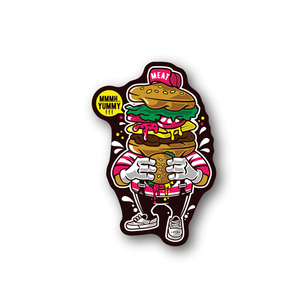 Vinyl sticker of cartoon burger character with pink hat and white gloves