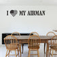 Wall decal reading "I love my airman" with heart and US flag icon