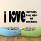 Wall decal with black 'I LOVE' and heart, plus winter quote text